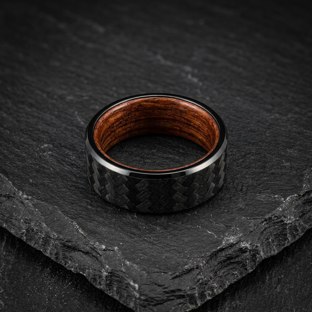 Bague Carbon, fibre de carbone tissée et bois rouge intérieur