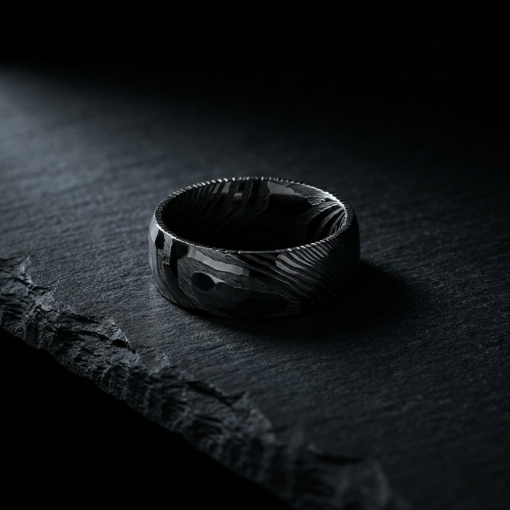 Bague acier damas forgé sur ardoise
