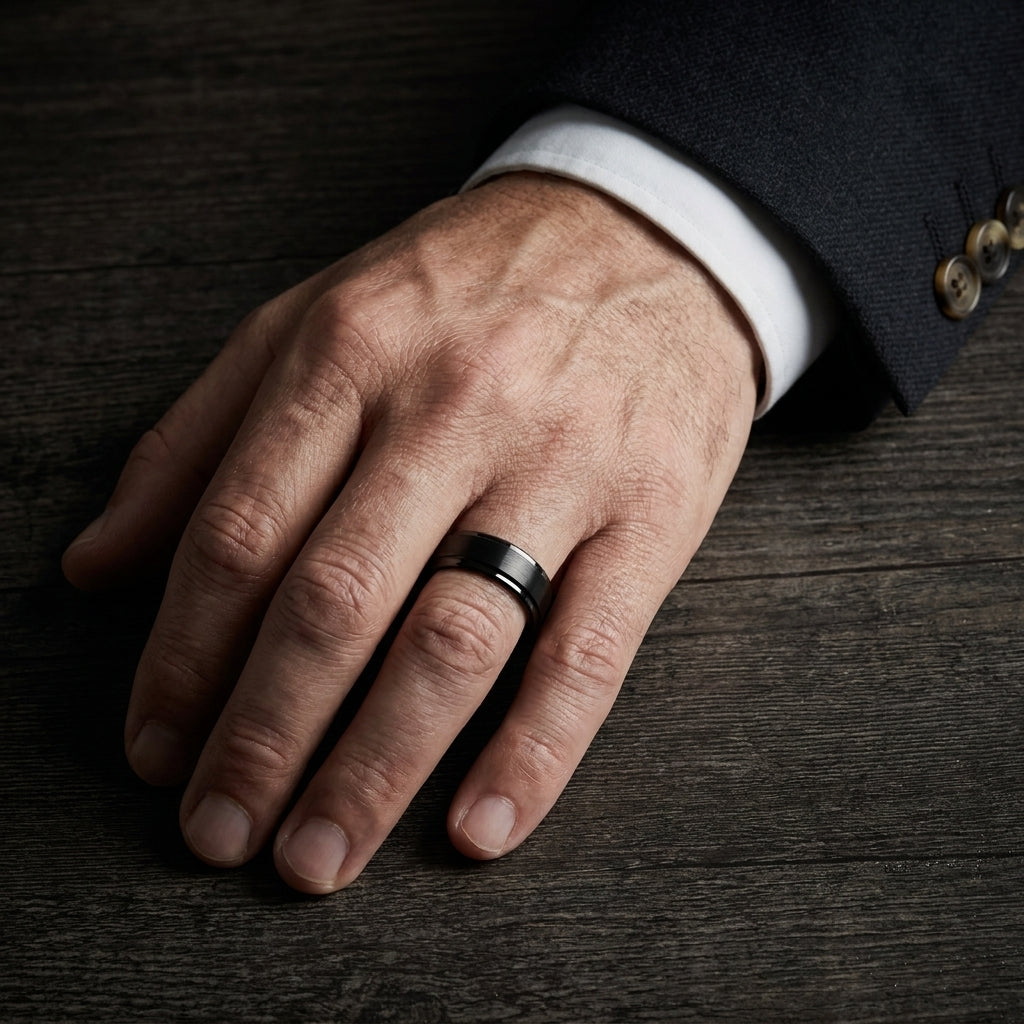Bague Obsidian, tungstène brossé étagé
