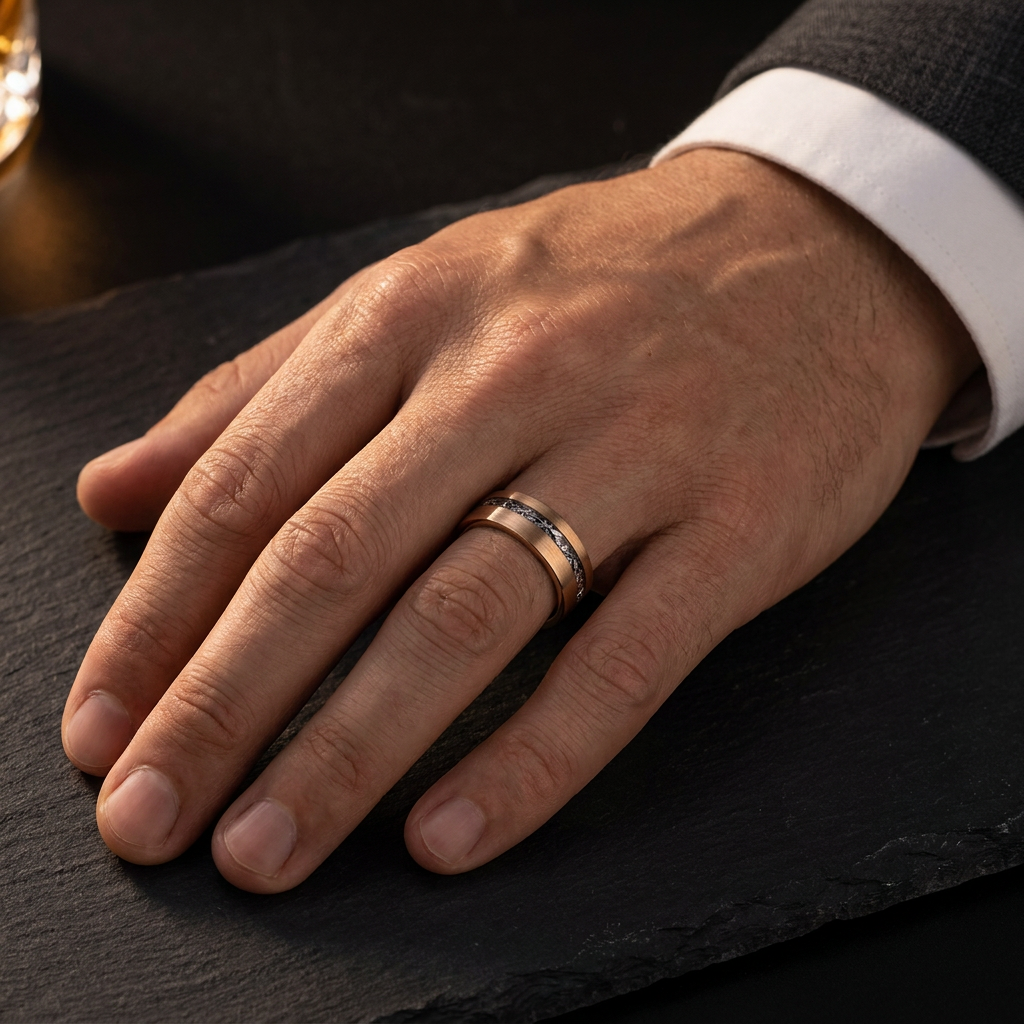 Bague Aurore, or rose 18 carats brossé et météorite Gibeon