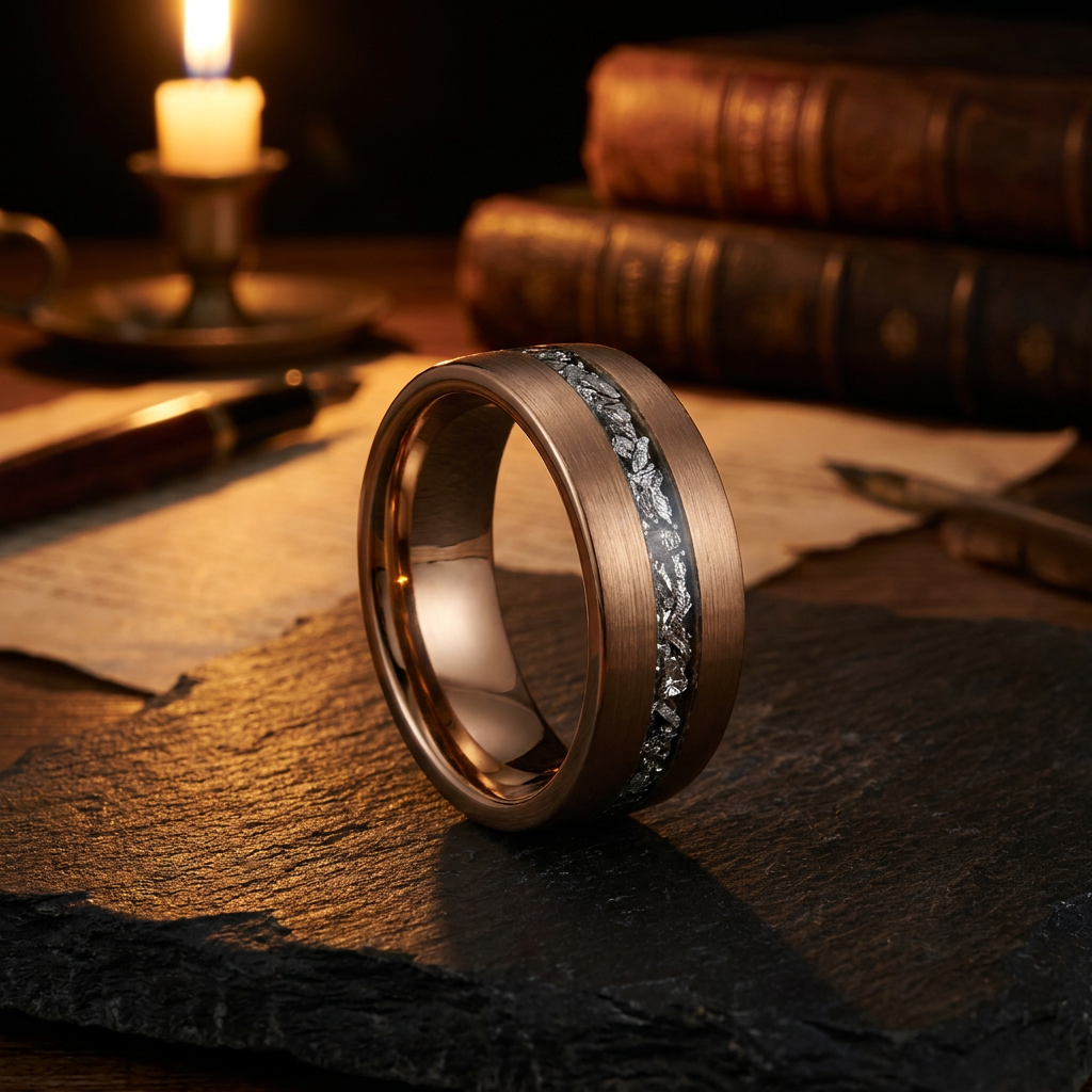 Bague Aurore, or rose 18 carats brossé et météorite Gibeon