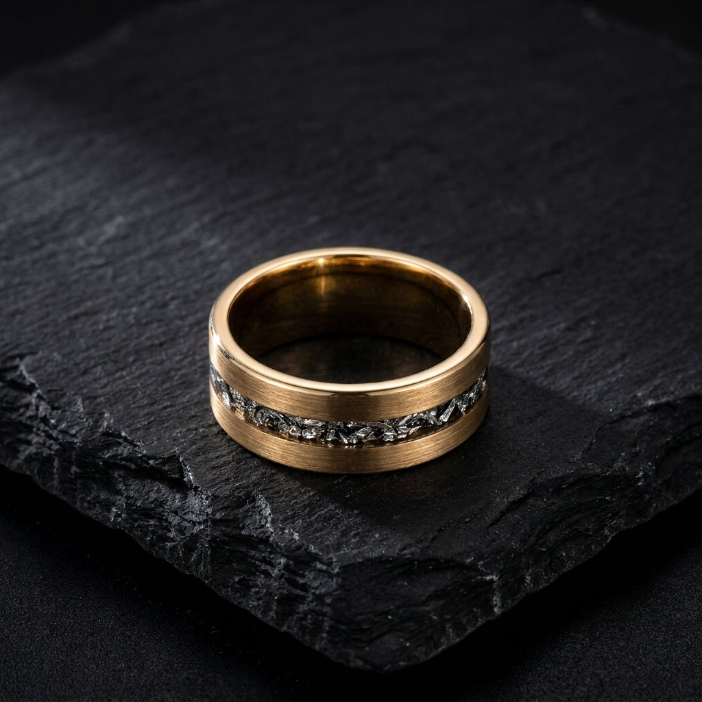 Bague Aurore, or rose 18 carats brossé et météorite Gibeon