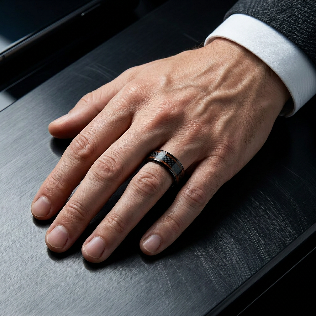Bague Carbon, fibre de carbone tissée et bois rouge intérieur