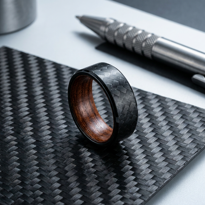 Bague Carbon, fibre de carbone tissée et bois rouge intérieur