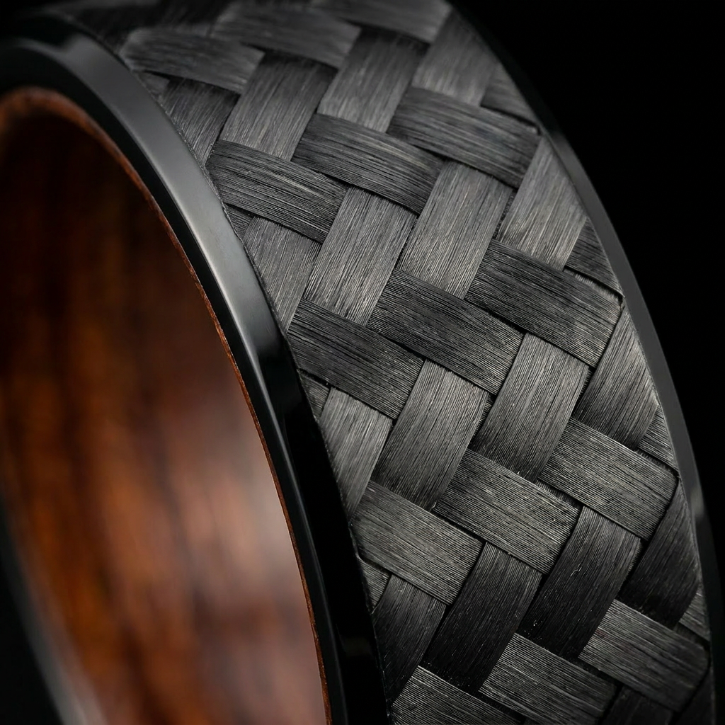 Bague Carbon, fibre de carbone tissée et bois rouge intérieur