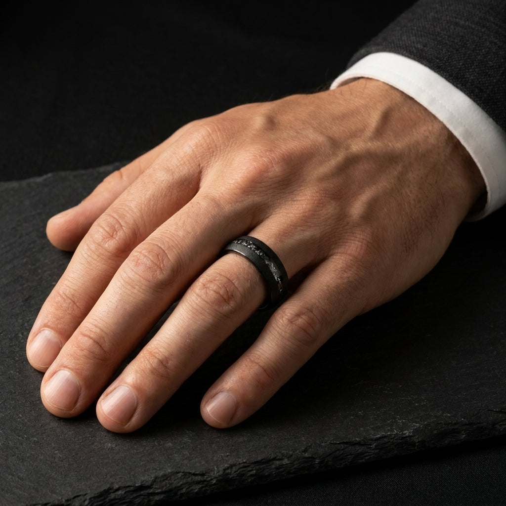 Bague Cosmos Noire, tungstène noir sablé et météorite Gibeon