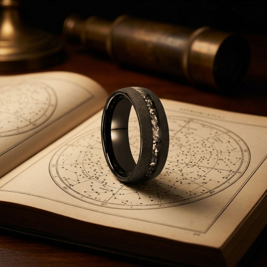 Bague Cosmos Noire, tungstène noir sablé et météorite Gibeon