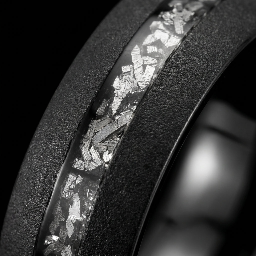 Bague Cosmos Noire, tungstène noir sablé et météorite Gibeon