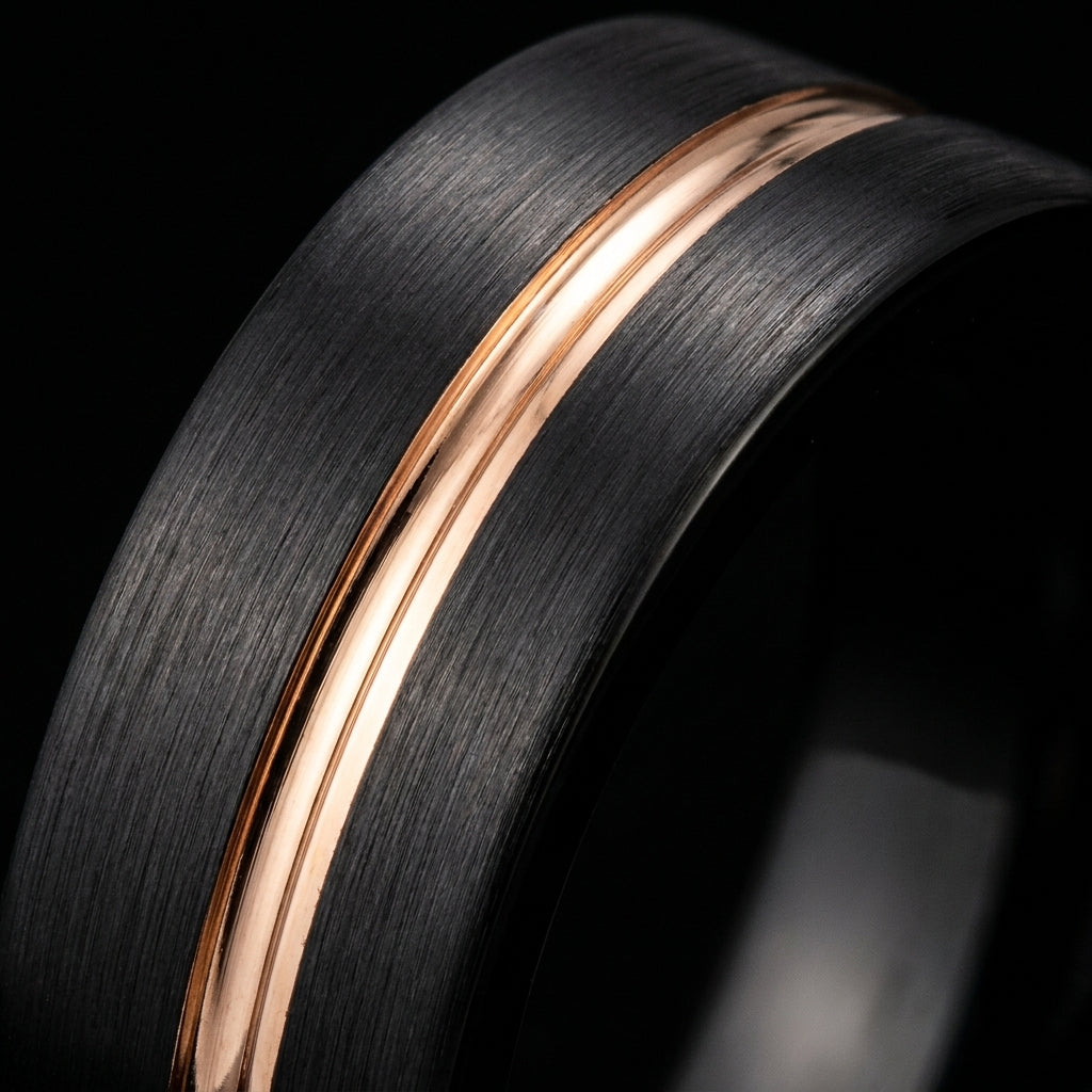 Bague Double Ligne, tungstène brossé et rainure or rose asymétrique