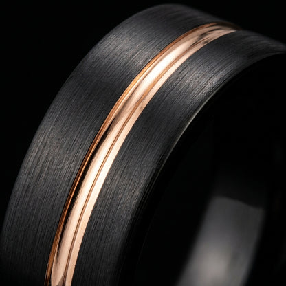 Bague Double Ligne, tungstène brossé et rainure or rose asymétrique