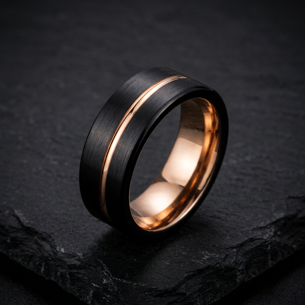 Bague Double Ligne, tungstène brossé et rainure or rose asymétrique