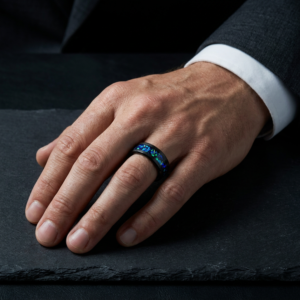 Bague Galaxie, tungstène biseauté et opale précieuse