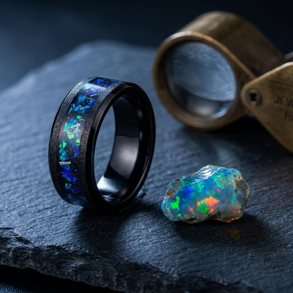 Bague Galaxie, tungstène biseauté et opale précieuse