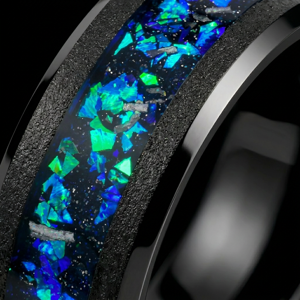 Bague Galaxie, tungstène biseauté et opale précieuse