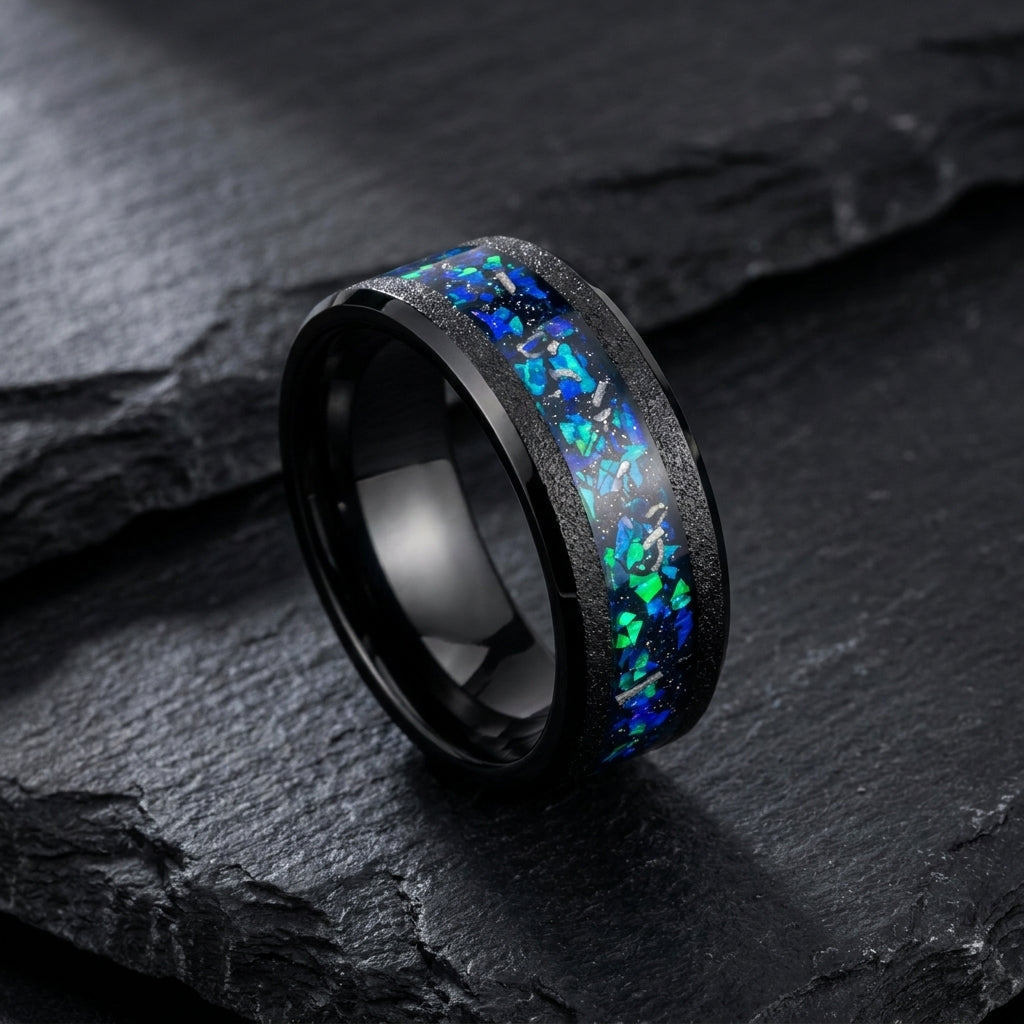 Bague Galaxie, tungstène biseauté et opale précieuse