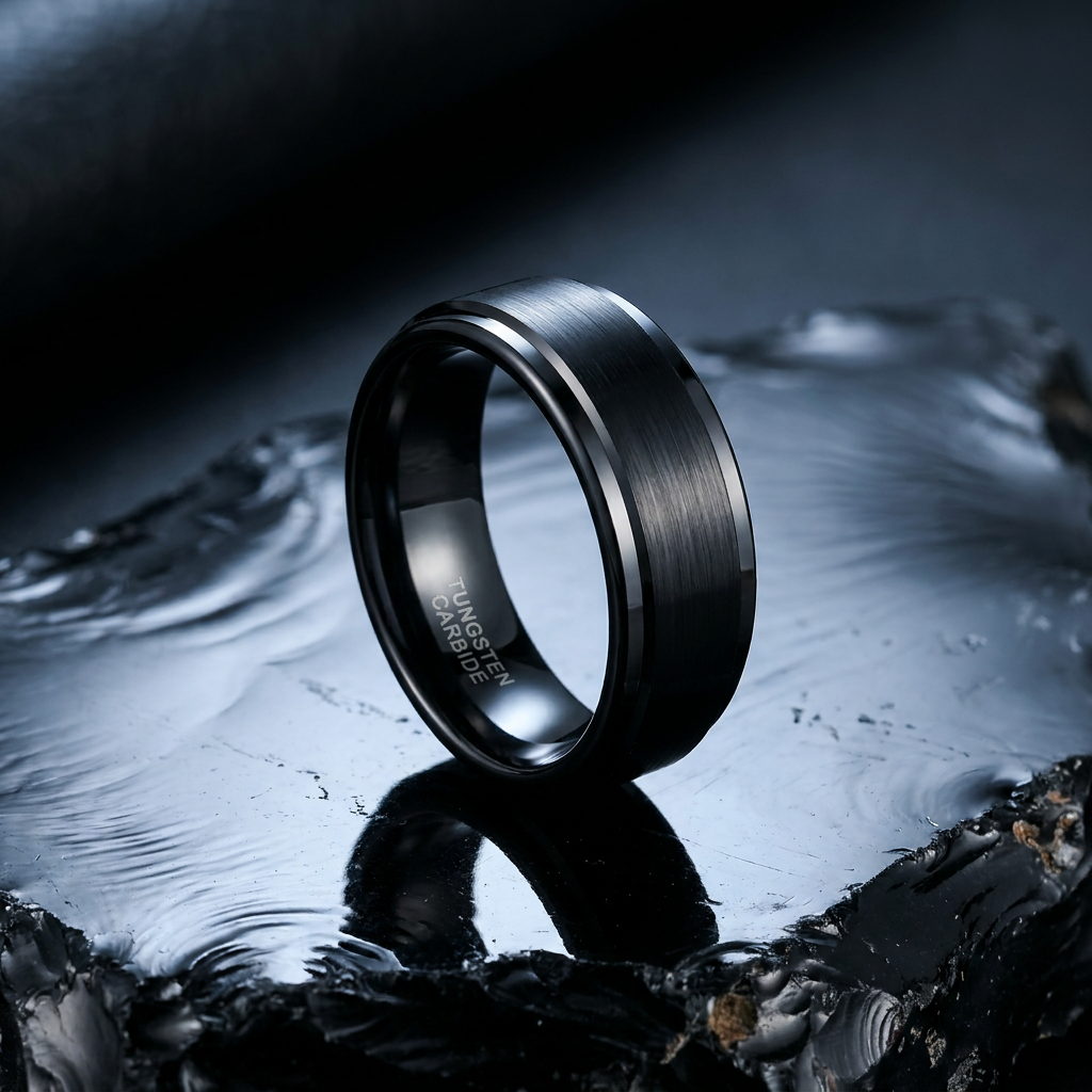 Bague Obsidian, tungstène brossé étagé