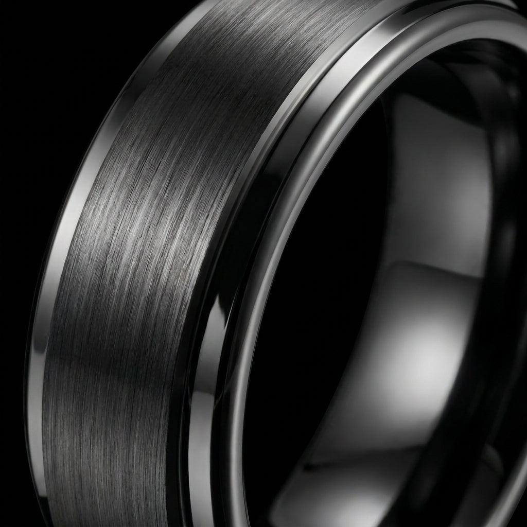 Bague Obsidian, tungstène brossé étagé