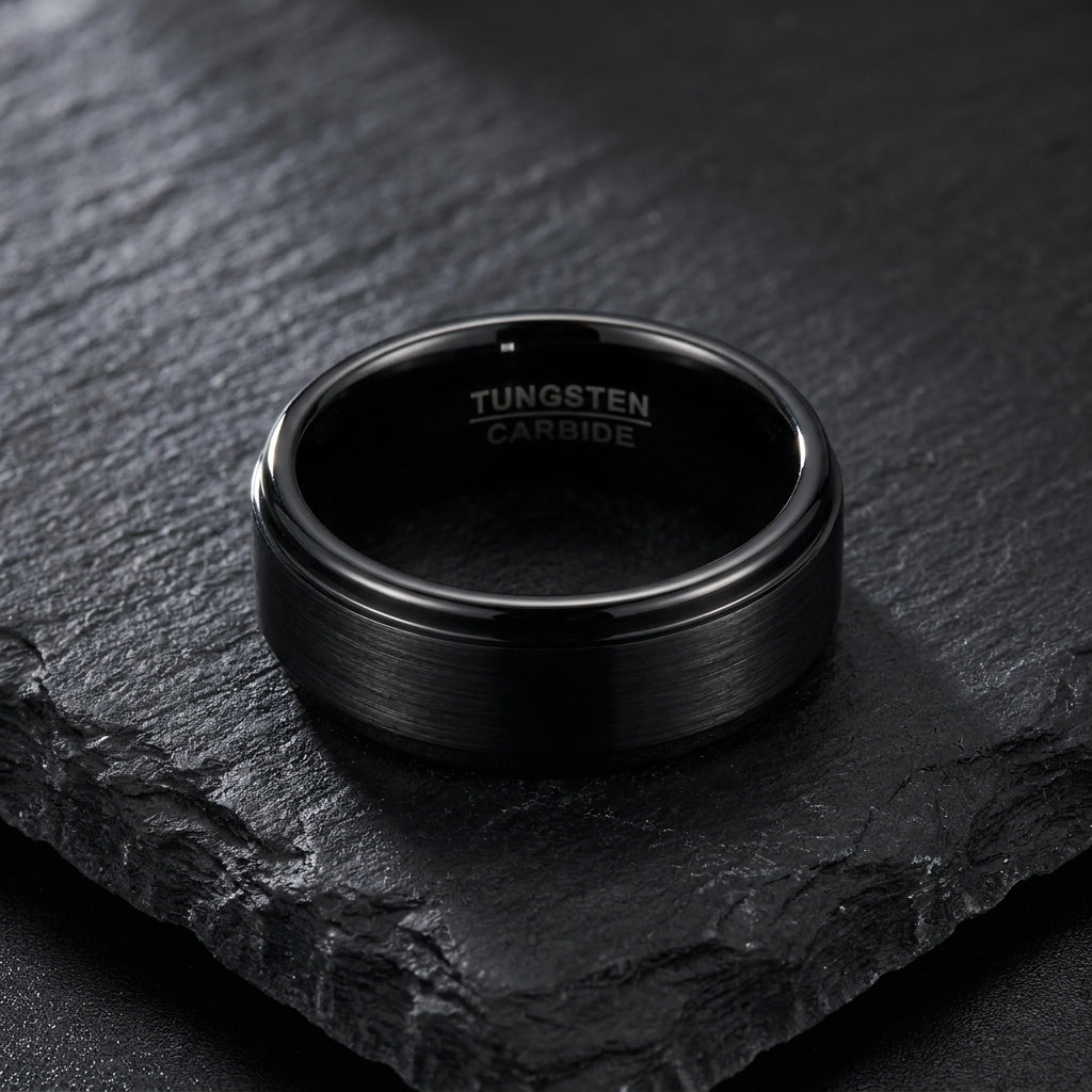 Bague Obsidian, tungstène brossé étagé